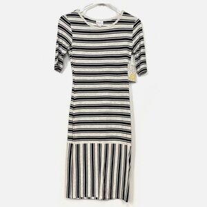 LuLaRoe Julia Black and Gray Striped Long Sleeve Midi Dress